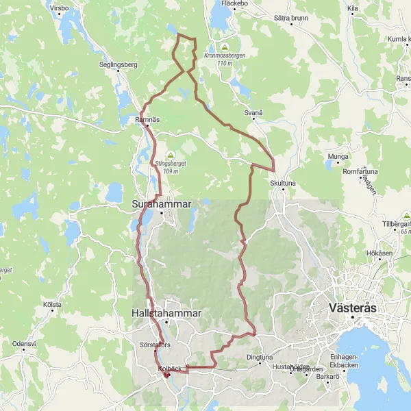 Kartminiatyr av "Gravelutflykt till Surahammar och Kolbäck" cykelinspiration i Östra Mellansverige, Sweden. Genererad av Tarmacs.app cykelruttplanerare