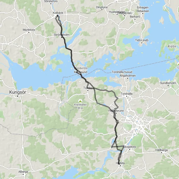 Kartminiatyr av "Historisk roadbikerunda till Kvicksund och Kolbäck" cykelinspiration i Östra Mellansverige, Sweden. Genererad av Tarmacs.app cykelruttplanerare