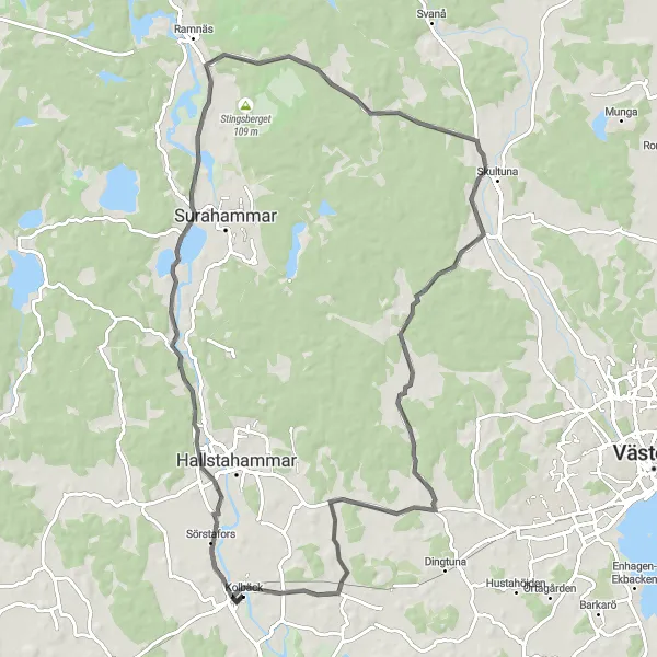 Map miniature of "Kolbäck Countryside" cycling inspiration in Östra Mellansverige, Sweden. Generated by Tarmacs.app cycling route planner