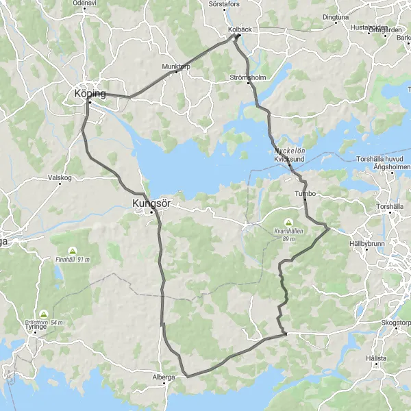 Kartminiatyr av "Vägcykeläventyr till Kungsör och Kolbäck" cykelinspiration i Östra Mellansverige, Sweden. Genererad av Tarmacs.app cykelruttplanerare