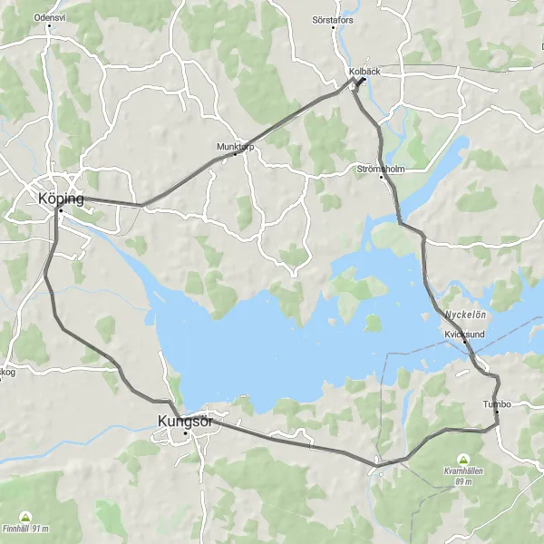 Map miniature of "Kvicksund and Köping Circuit" cycling inspiration in Östra Mellansverige, Sweden. Generated by Tarmacs.app cycling route planner