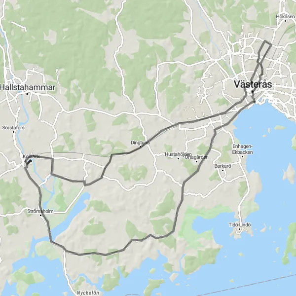 Map miniature of "Strömsholm and Västerås Loop" cycling inspiration in Östra Mellansverige, Sweden. Generated by Tarmacs.app cycling route planner