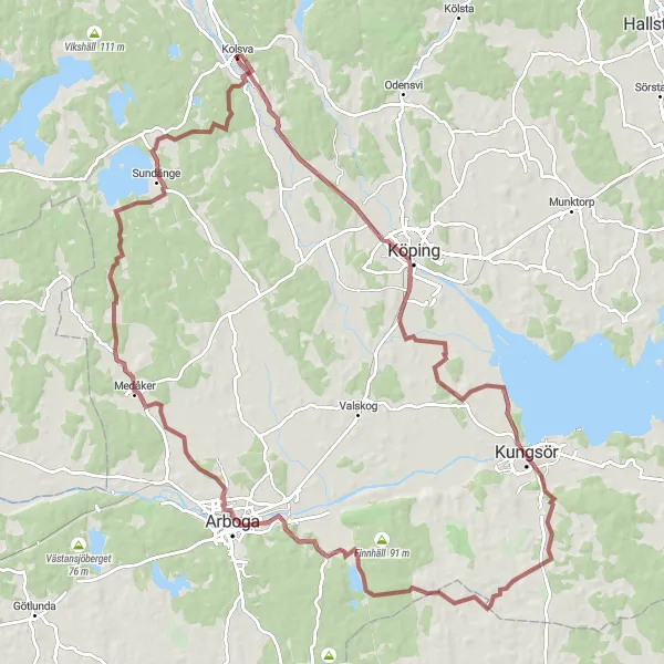 Map miniature of "Kolsva to Köping Gravel Loop" cycling inspiration in Östra Mellansverige, Sweden. Generated by Tarmacs.app cycling route planner