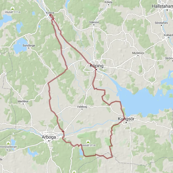 Map miniature of "Köping to Kolsva Gravel Adventure" cycling inspiration in Östra Mellansverige, Sweden. Generated by Tarmacs.app cycling route planner