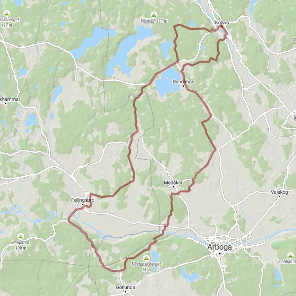 Map miniature of "Kolsva Gravel Route" cycling inspiration in Östra Mellansverige, Sweden. Generated by Tarmacs.app cycling route planner