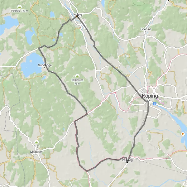 Map miniature of "Kolsva to Köping Scenic Road Trip" cycling inspiration in Östra Mellansverige, Sweden. Generated by Tarmacs.app cycling route planner