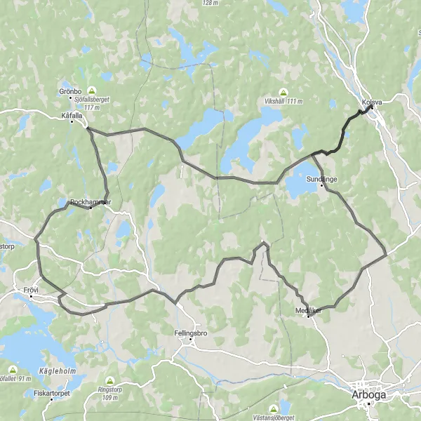 Map miniature of "Kolsva Road Route" cycling inspiration in Östra Mellansverige, Sweden. Generated by Tarmacs.app cycling route planner