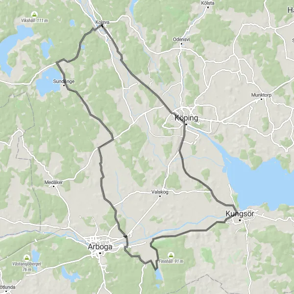 Map miniature of "Köping Road Route" cycling inspiration in Östra Mellansverige, Sweden. Generated by Tarmacs.app cycling route planner