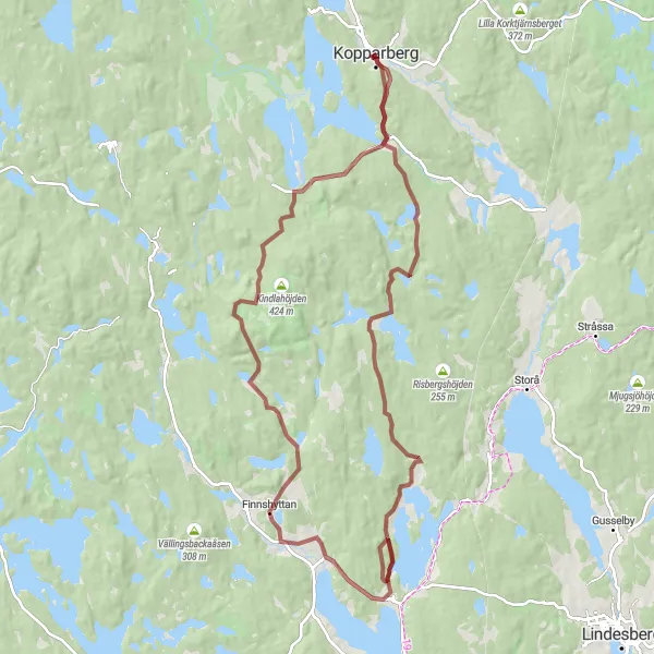 Map miniature of "Challenging Gravel Route from Kopparberg" cycling inspiration in Östra Mellansverige, Sweden. Generated by Tarmacs.app cycling route planner