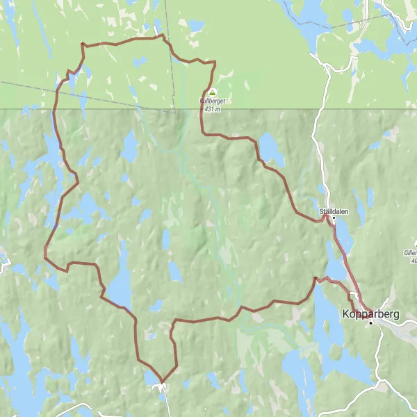 Map miniature of "Circular Gravel Route from Kopparberg" cycling inspiration in Östra Mellansverige, Sweden. Generated by Tarmacs.app cycling route planner