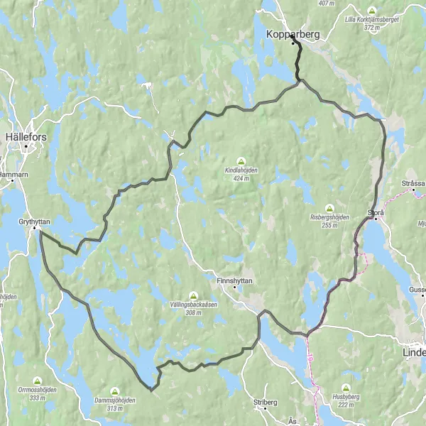 Map miniature of "Kopparberg Road Challenge" cycling inspiration in Östra Mellansverige, Sweden. Generated by Tarmacs.app cycling route planner