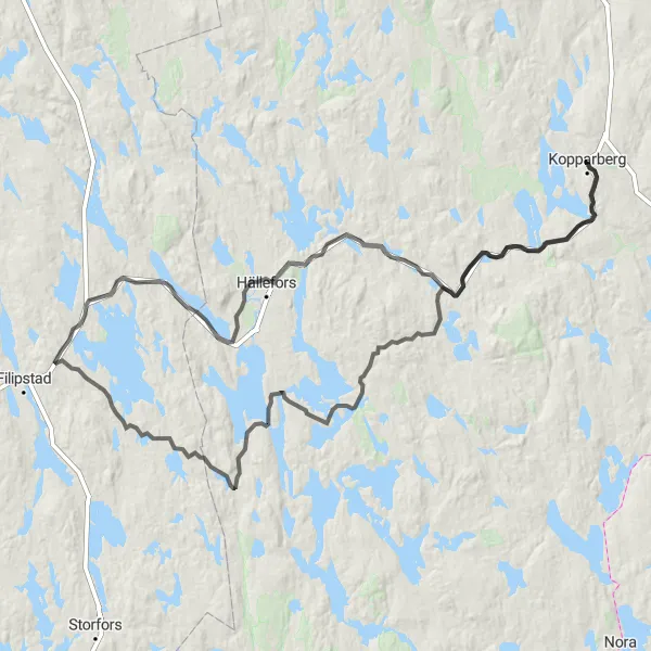 Map miniature of "Epic Road Cycling Adventure near Kopparberg" cycling inspiration in Östra Mellansverige, Sweden. Generated by Tarmacs.app cycling route planner