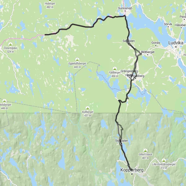 Map miniature of "Kopparberg Road Expedition" cycling inspiration in Östra Mellansverige, Sweden. Generated by Tarmacs.app cycling route planner