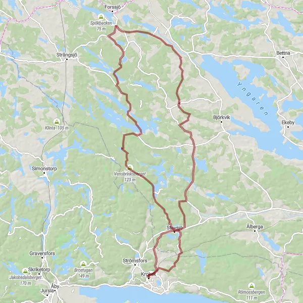 Kartminiatyr av "Gruskörning runt Krokek och Jungfruberget" cykelinspiration i Östra Mellansverige, Sweden. Genererad av Tarmacs.app cykelruttplanerare