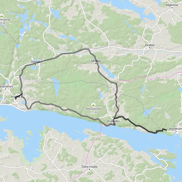 Kartminiatyr av "Scenisk vägcykling till Jungfruberget och Kvarsebo" cykelinspiration i Östra Mellansverige, Sweden. Genererad av Tarmacs.app cykelruttplanerare