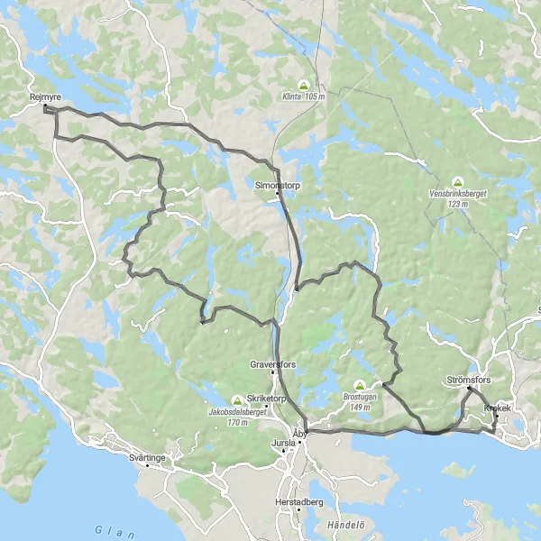 Map miniature of "Krokek to Ättestupan Circuit" cycling inspiration in Östra Mellansverige, Sweden. Generated by Tarmacs.app cycling route planner