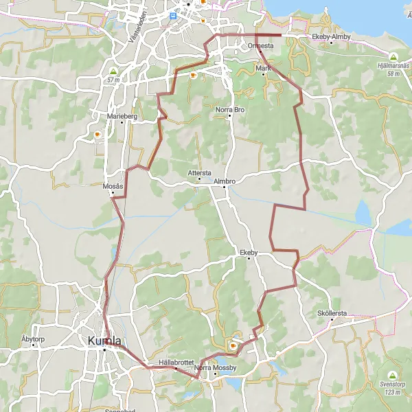 Map miniature of "Discover Almby and Älvesta on Gravel" cycling inspiration in Östra Mellansverige, Sweden. Generated by Tarmacs.app cycling route planner