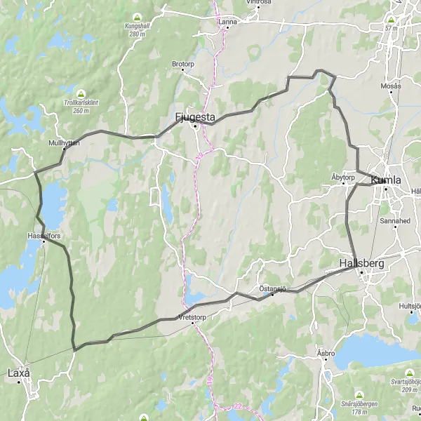 Map miniature of "Kumla - Östansjö - Vretstorp - Hasselfors - Fjugesta - Norra Folkavi" cycling inspiration in Östra Mellansverige, Sweden. Generated by Tarmacs.app cycling route planner