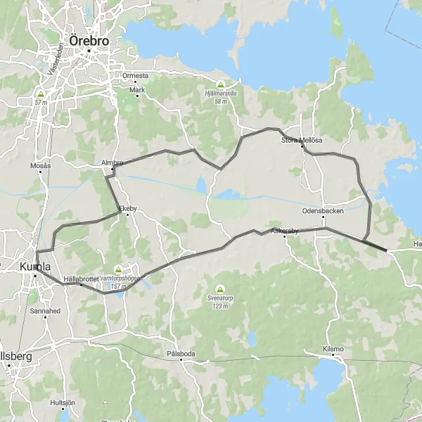 Map miniature of "Kumla to Gällersta Loop" cycling inspiration in Östra Mellansverige, Sweden. Generated by Tarmacs.app cycling route planner