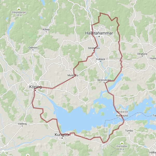 Kartminiatyr av "Grusvägar runt Kungsör och Strömsholm" cykelinspiration i Östra Mellansverige, Sweden. Genererad av Tarmacs.app cykelruttplanerare