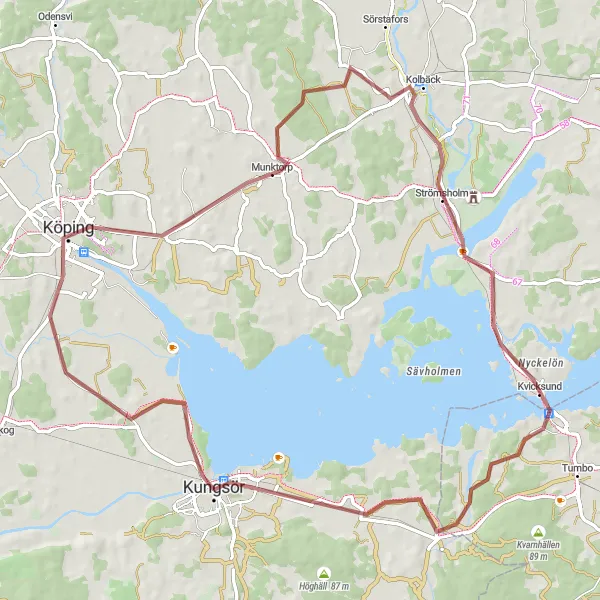 Kartminiatyr av "Natursköna äventyr runt Kungsör" cykelinspiration i Östra Mellansverige, Sweden. Genererad av Tarmacs.app cykelruttplanerare