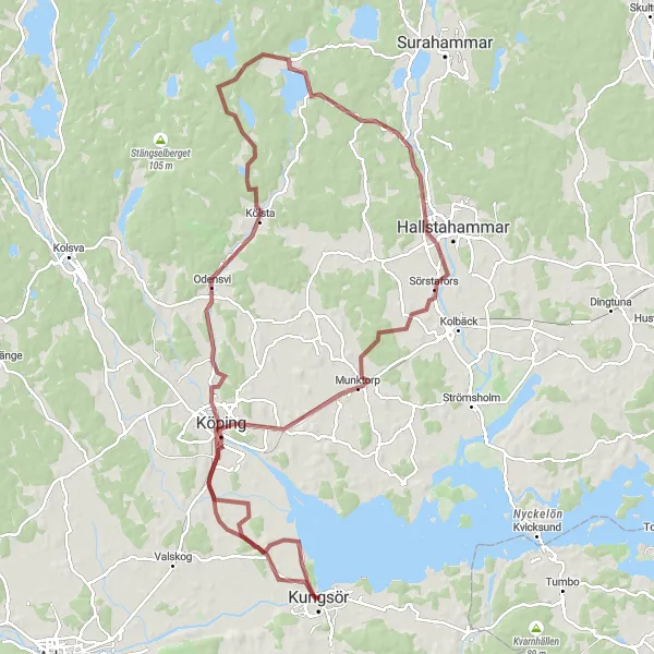 Kartminiatyr av "Utforska pittoreska platser runt Kungsör" cykelinspiration i Östra Mellansverige, Sweden. Genererad av Tarmacs.app cykelruttplanerare
