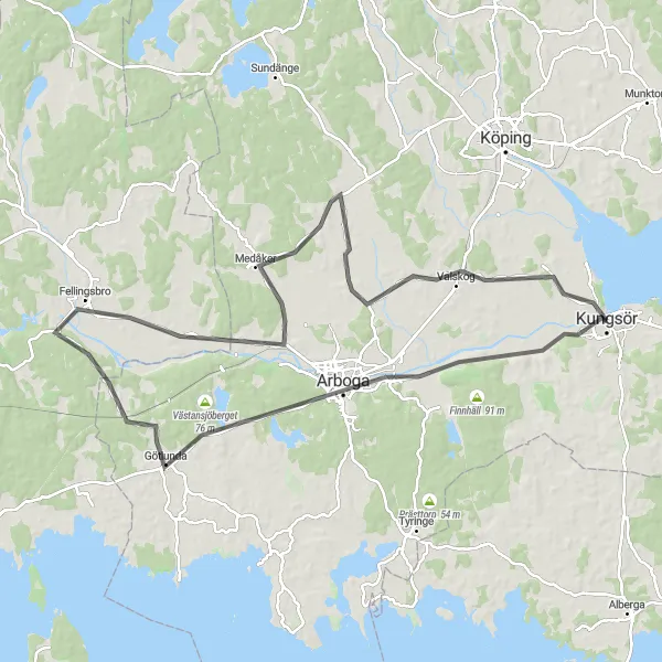 Kartminiatyr av "Kungsör - Arboga - Fellingsbro Cykeltur" cykelinspiration i Östra Mellansverige, Sweden. Genererad av Tarmacs.app cykelruttplanerare