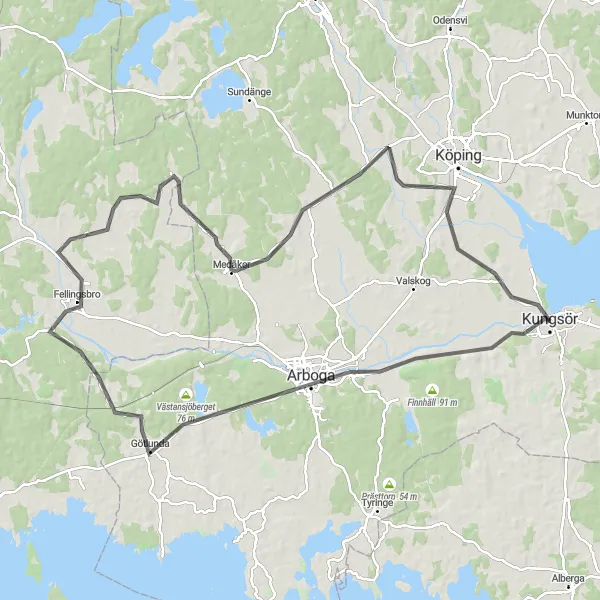 Kartminiatyr av "Kultur och landskap runt omkring Kungsör" cykelinspiration i Östra Mellansverige, Sweden. Genererad av Tarmacs.app cykelruttplanerare