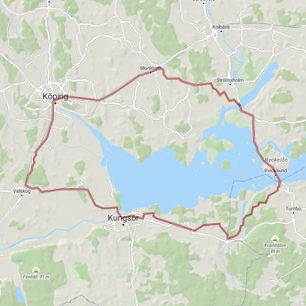 Kartminiatyr av "Kvicksund Skogsvägar Äventyr" cykelinspiration i Östra Mellansverige, Sweden. Genererad av Tarmacs.app cykelruttplanerare