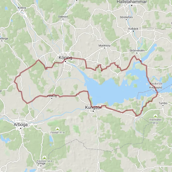 Kartminiatyr av "Äventyrlig Grusväg till Kvicksund" cykelinspiration i Östra Mellansverige, Sweden. Genererad av Tarmacs.app cykelruttplanerare