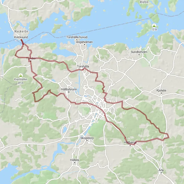 Kartminiatyr av "Naturskön Grusväg till Tumbo" cykelinspiration i Östra Mellansverige, Sweden. Genererad av Tarmacs.app cykelruttplanerare