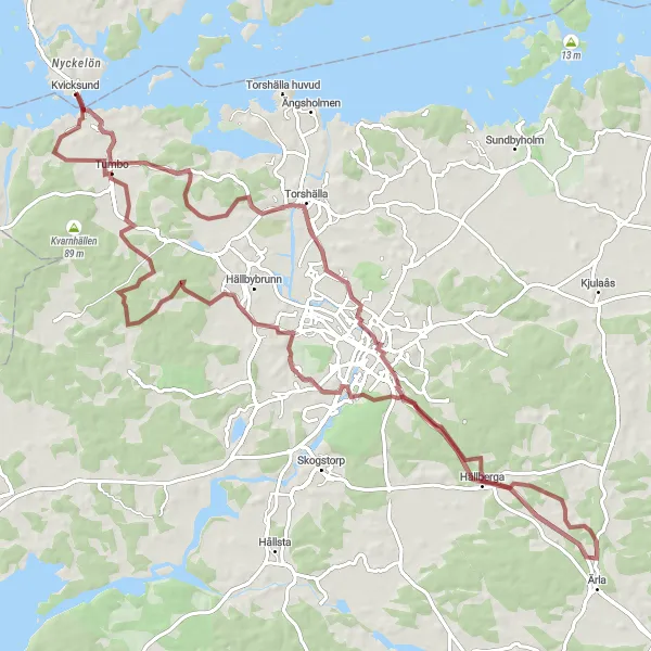 Map miniature of "Exploring the Gravel Roads of Kvicksund" cycling inspiration in Östra Mellansverige, Sweden. Generated by Tarmacs.app cycling route planner