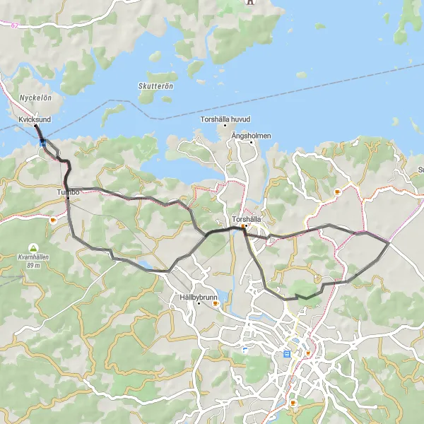 Kartminiatyr av "Kort Rundtur runt Kvicksund" cykelinspiration i Östra Mellansverige, Sweden. Genererad av Tarmacs.app cykelruttplanerare