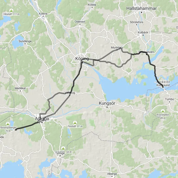 Kartminiatyr av "Historiska Landsvägsturer från Kvicksund" cykelinspiration i Östra Mellansverige, Sweden. Genererad av Tarmacs.app cykelruttplanerare