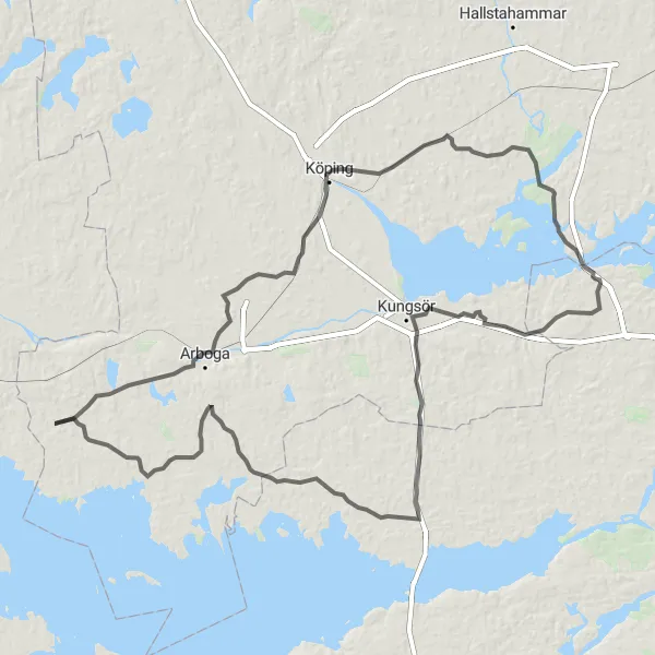 Kartminiatyr av "Äventyrliga Landsvägsturer med Höga Stigningar" cykelinspiration i Östra Mellansverige, Sweden. Genererad av Tarmacs.app cykelruttplanerare