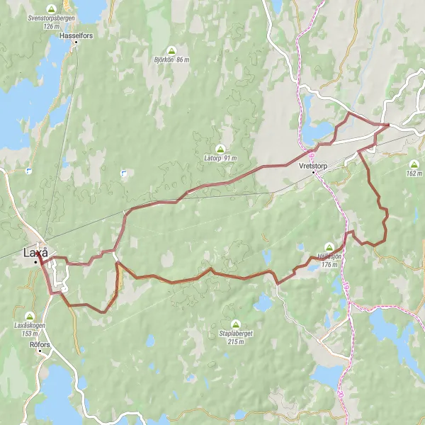 Kartminiatyr av "Laxå - Vretstorp - Hällasjön - Simonstorp" cykelinspiration i Östra Mellansverige, Sweden. Genererad av Tarmacs.app cykelruttplanerare
