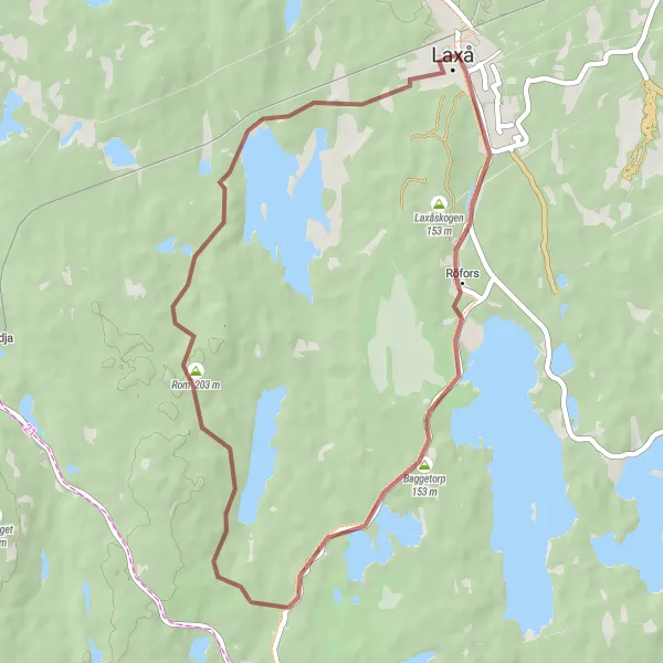 Map miniature of "Röfors Gravel Paradise" cycling inspiration in Östra Mellansverige, Sweden. Generated by Tarmacs.app cycling route planner