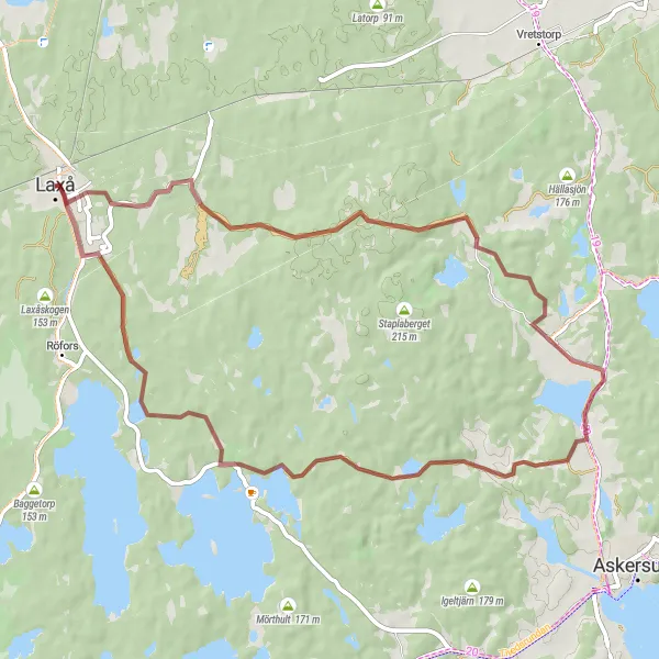 Kartminiatyr av "Laxå - Simonstorp - Svinnersta - Spjuthultsmossen" cykelinspiration i Östra Mellansverige, Sweden. Genererad av Tarmacs.app cykelruttplanerare