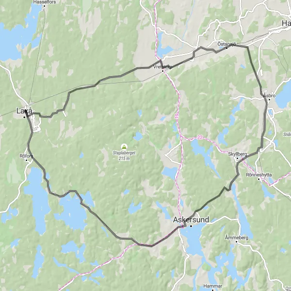 Kartminiatyr av "Utflykt i Östansjö och Åsbro" cykelinspiration i Östra Mellansverige, Sweden. Genererad av Tarmacs.app cykelruttplanerare