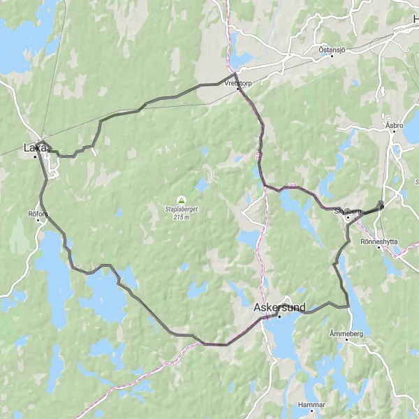 Kartminiatyr av "Vackert vägcyklingsslinga från Laxå" cykelinspiration i Östra Mellansverige, Sweden. Genererad av Tarmacs.app cykelruttplanerare