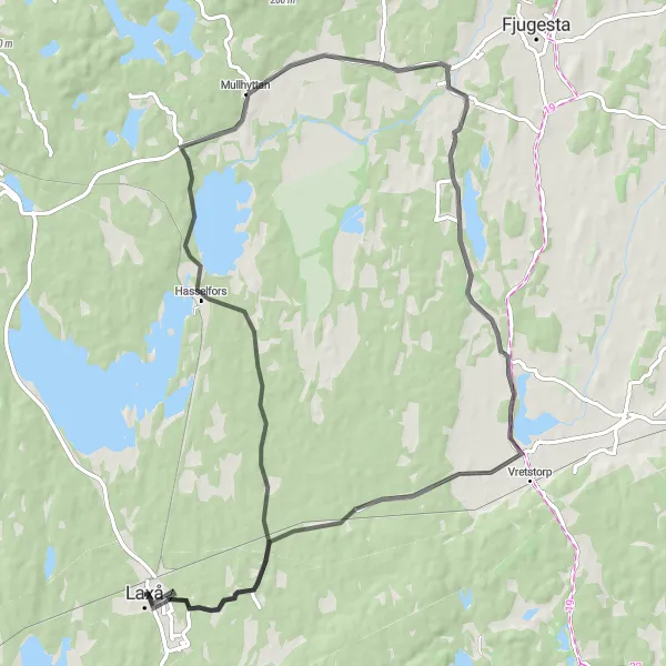 Kartminiatyr av "Härlig vägcykling i Hasselfors och Mullhyttan" cykelinspiration i Östra Mellansverige, Sweden. Genererad av Tarmacs.app cykelruttplanerare