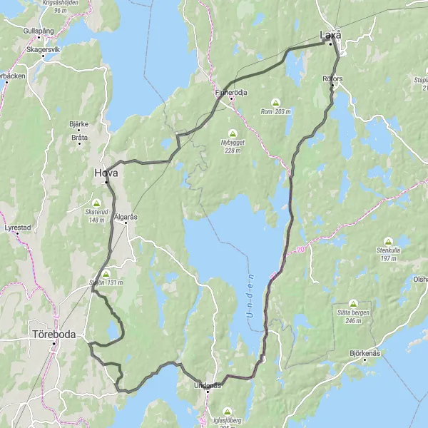 Kartminiatyr av "Laxå - Röfors - Baggetorp - Undenäs - Sisjön - Hova" cykelinspiration i Östra Mellansverige, Sweden. Genererad av Tarmacs.app cykelruttplanerare