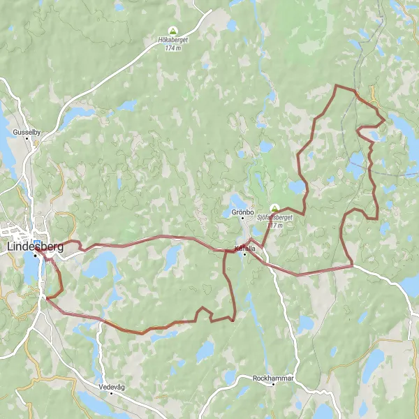 Map miniature of "Scenic Lindesberg Gravel Tour" cycling inspiration in Östra Mellansverige, Sweden. Generated by Tarmacs.app cycling route planner