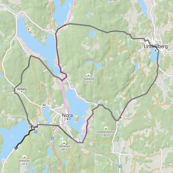 Map miniature of "Lindesberg to Järle kvarn Loop" cycling inspiration in Östra Mellansverige, Sweden. Generated by Tarmacs.app cycling route planner