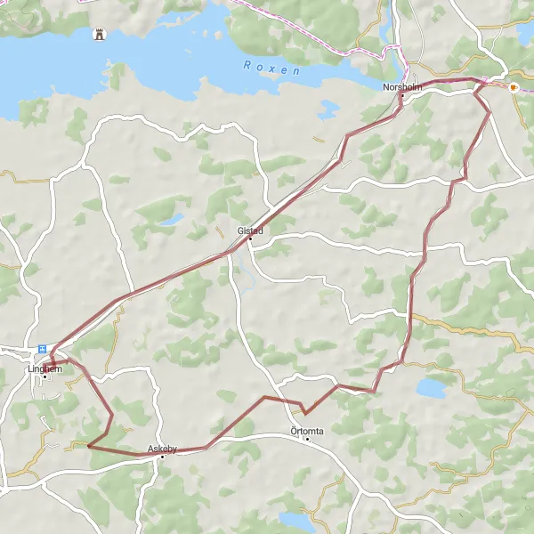 Map miniature of "Gistad and Örtomta Gravel Route" cycling inspiration in Östra Mellansverige, Sweden. Generated by Tarmacs.app cycling route planner