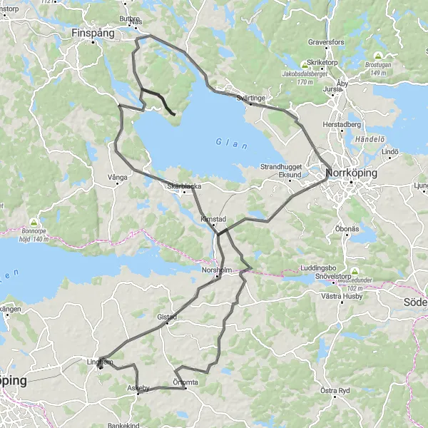 Map miniature of "Linghem and Risinge Road Adventure" cycling inspiration in Östra Mellansverige, Sweden. Generated by Tarmacs.app cycling route planner