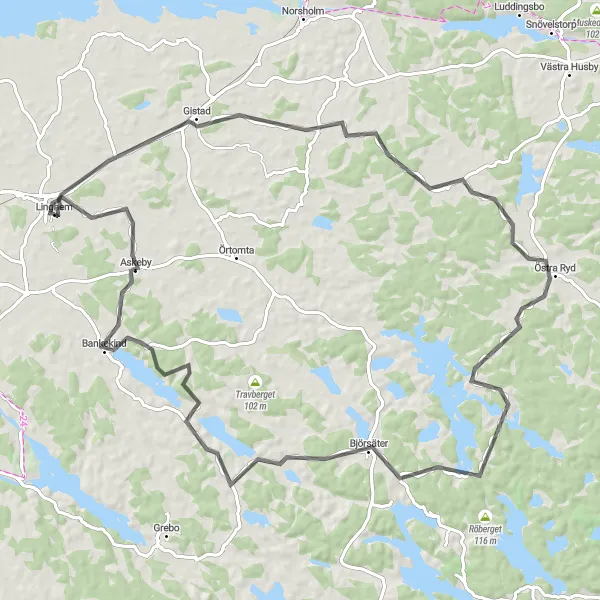 Map miniature of "Gistad and Björsäter Scenic Road Route" cycling inspiration in Östra Mellansverige, Sweden. Generated by Tarmacs.app cycling route planner