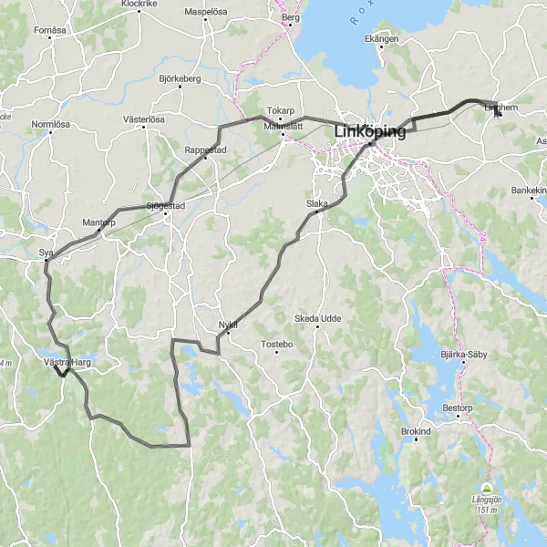 Map miniature of "Linköping and Beyond Road Tour" cycling inspiration in Östra Mellansverige, Sweden. Generated by Tarmacs.app cycling route planner