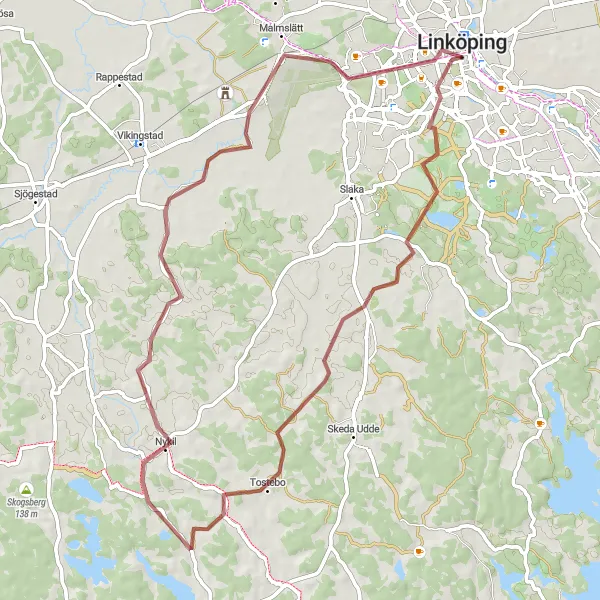 Kartminiatyr av "Grusvägar runt Linköping via Ekkällan och Nykil" cykelinspiration i Östra Mellansverige, Sweden. Genererad av Tarmacs.app cykelruttplanerare