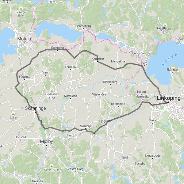 Kartminiatyr av "Utmanande cykeltur runt Linköping via Mantorp och Klockrike" cykelinspiration i Östra Mellansverige, Sweden. Genererad av Tarmacs.app cykelruttplanerare